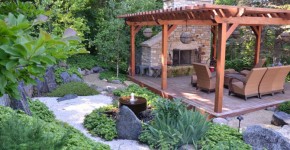 Japanese garden with fireplace, deck and arbor